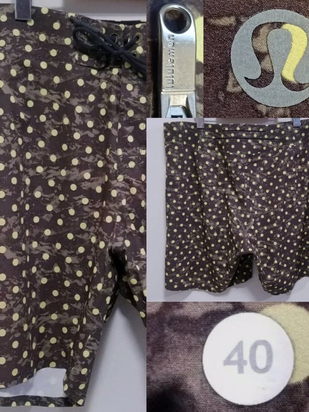 Lululemon Swim Shorts Size 40 Polka Dot Camo Brown Yellow Men’s Board Drawstring